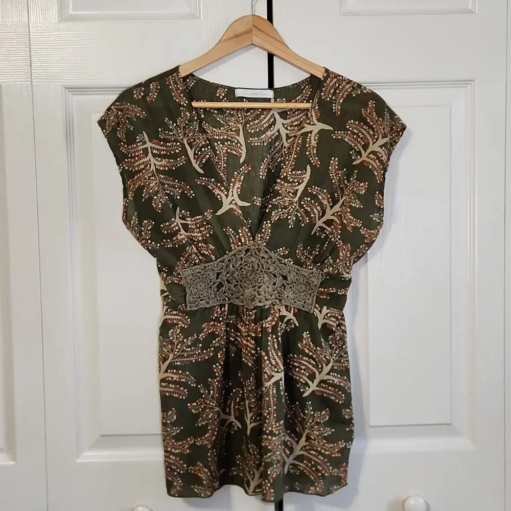 Vintage Charlotte Russe‎ Women's Green Babydoll Top Size Med Crochet Glitter Y2K